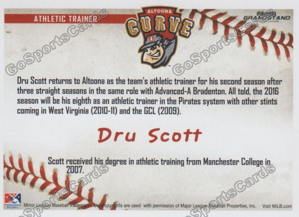 2016 Altoona Curve Dru Scott Back of Card