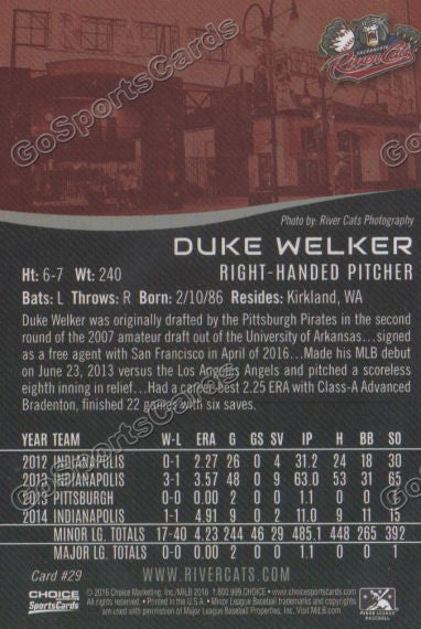 2016 Sacramento River Cats Duke Welker Back of Card