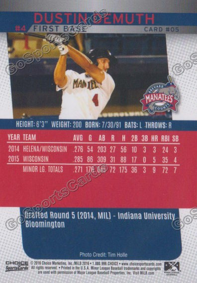 2016 Brevard County Manatees Dustin Demuth Back of Card