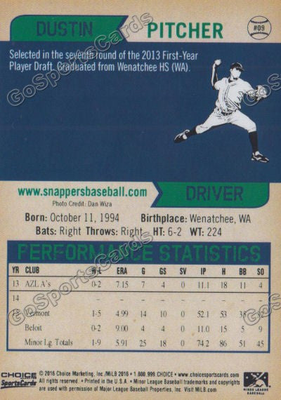 2016 Beloit Snappers Dustin Driver Back of Card