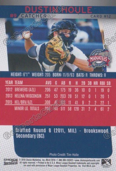 2016 Brevard County Manatees Dustin Houle Back of Card