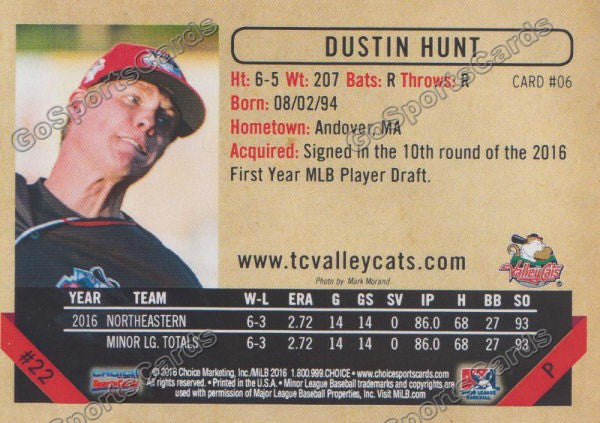 2016 Tri City ValleyCats Dustin Hunt Back of Card