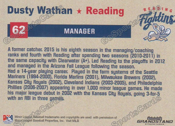 2015 Reading Fightin Phils Update Dusty Wathan  Back of Card