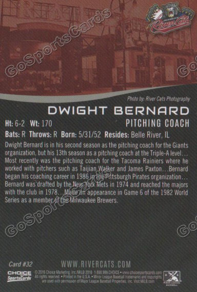 2016 Sacramento River Cats Dwight Bernard Back of Card