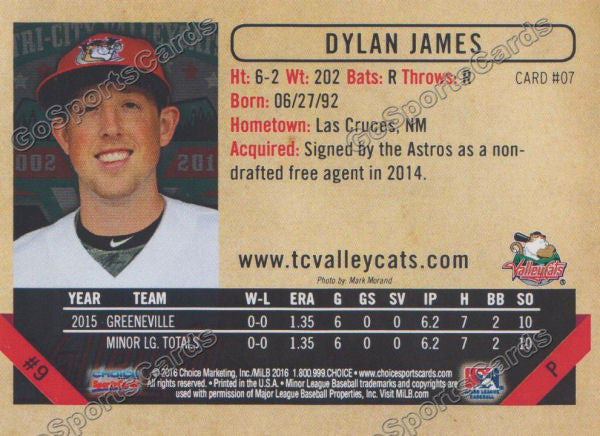 2016 Tri City ValleyCats Dylan James Back of Card