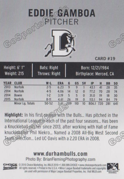  2016 Durham Bulls Eddie Gamboa Back of Card