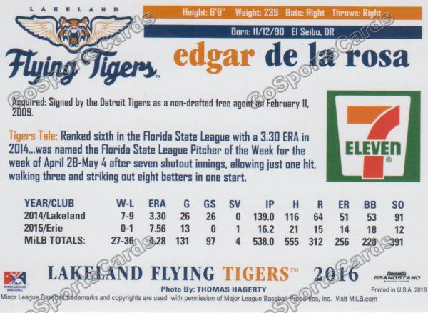 2016 Lakeland Flying Tigers Edgar De La Rosa Back of Card