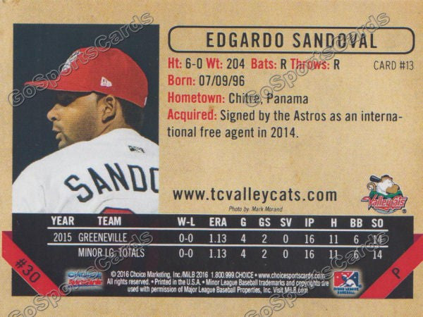 2016 Tri City ValleyCats Edgardo Sandoval Back of Card