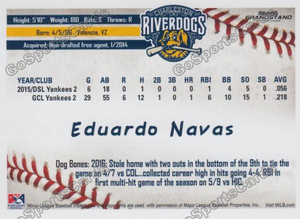 2016 Charleston RiverDogs Eduardo Navas Back of Card