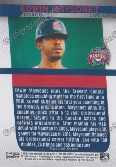 2016 Brevard County Manatees Edwin Maysonet Back of Card