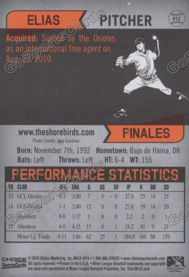 2016 Delmarva Shorebirds Elias Pinales  Back of Card