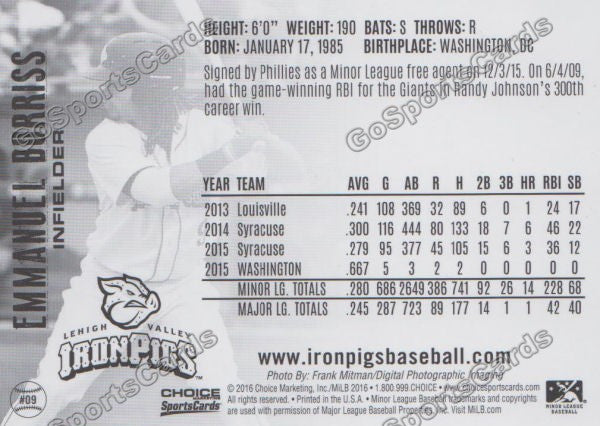 2016 Lehigh Valley IronPigs Emmanuel Burriss Back of Card