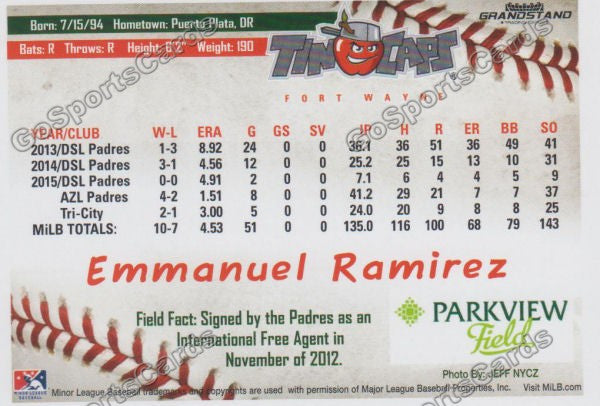 2016 Fort Wayne Tin Caps Emmanuel Ramirez  Back of Card
