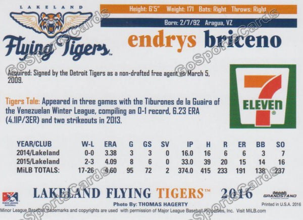 2016 Lakeland Flying Tigers Endrys Briceno Back of Card