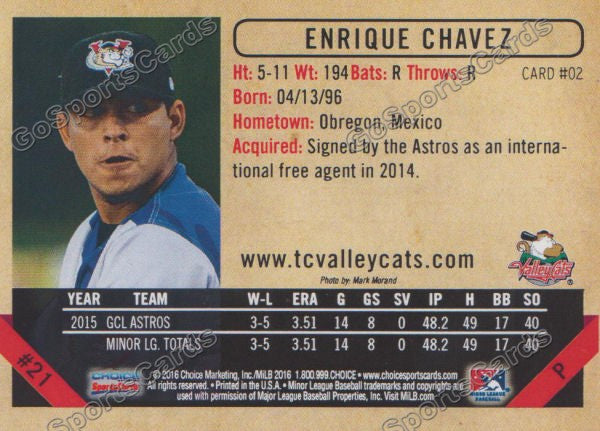 2016 Tri City ValleyCats Enrique Chavez Back of Card