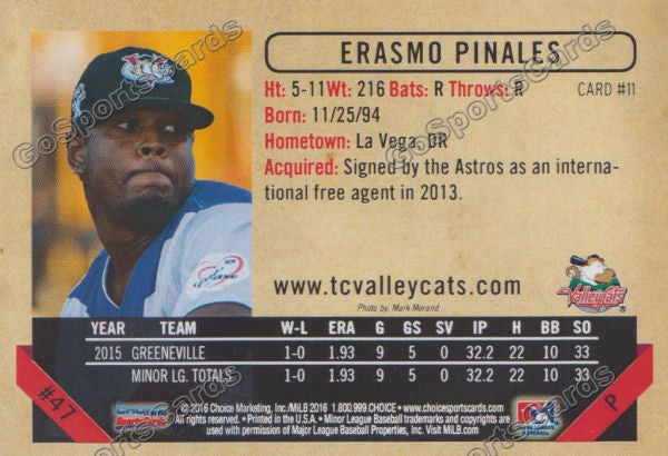 2016 Tri City ValleyCats Erasmo Pinales Back of Card