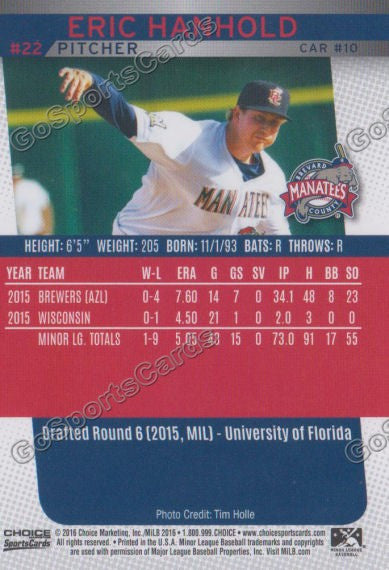 2016 Brevard County Manatees Eric Hanhold Back of Card