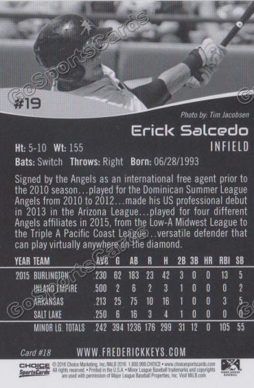 2016 Frederick Keys Erick Salcedo Back of Card