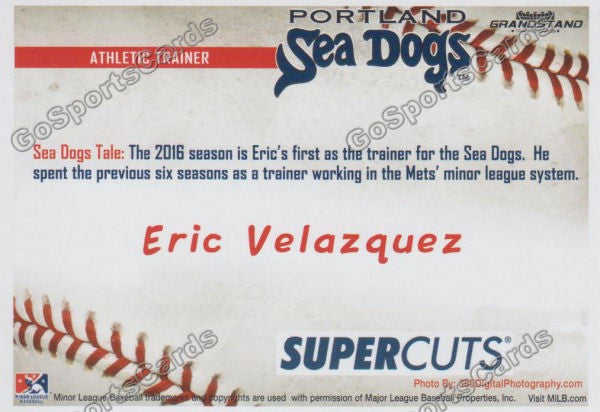 2016 Portland Sea Dogs Eric Velazquez Back of Card