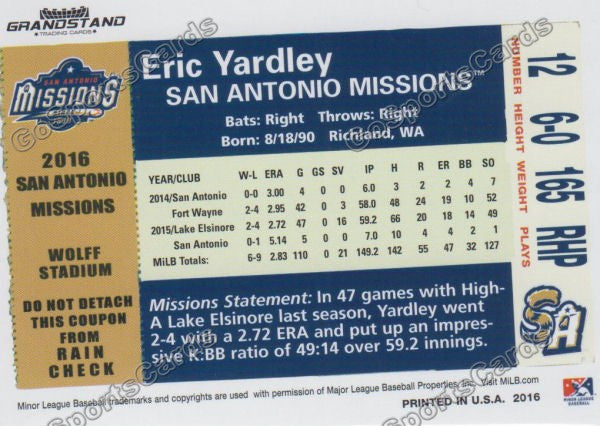 2016 San Antonio Missions Eric Yardley Back of Card
