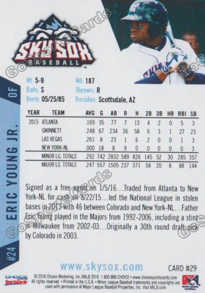 2016 Colorado Springs Sky Sox Eric Young Jr Back of Card