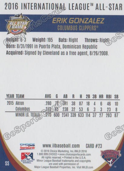 2016 International League All Star Erik Gonzalez Back of Card
