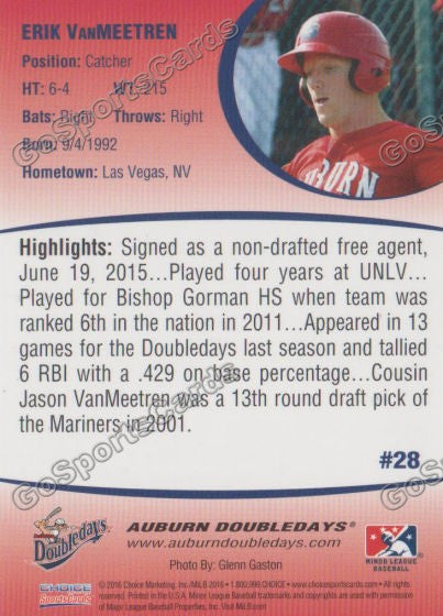 2016 Auburn Doubledays Erik VanMeetren Back of Card