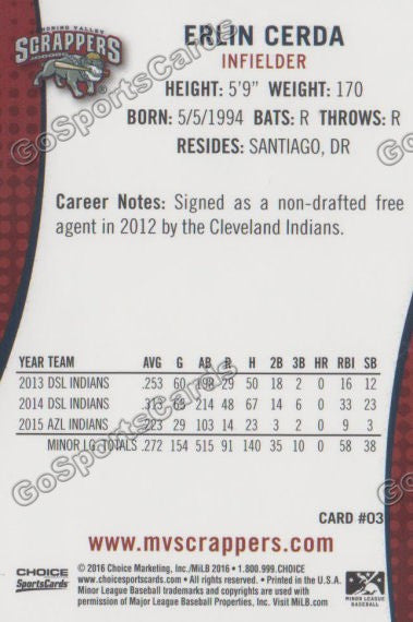 2016 Mahoning Valley Scrappers Erlin Cerda Back of Card