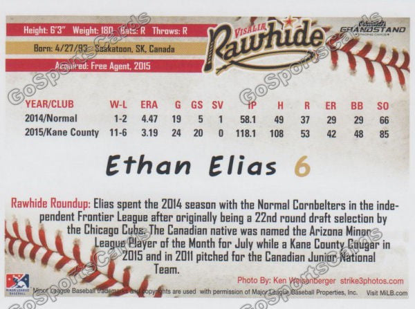 2016 Visalia Rawhide Ethan Elias Back of Card