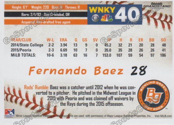2016 Bowling Green Hot Rods Fernando Baez Back of Card