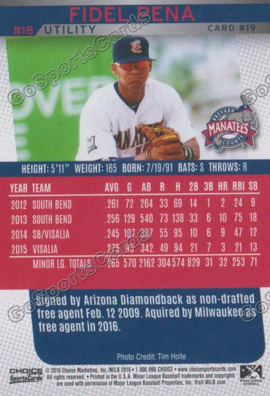2016 Brevard County Manatees Fidel Pena Back of Card