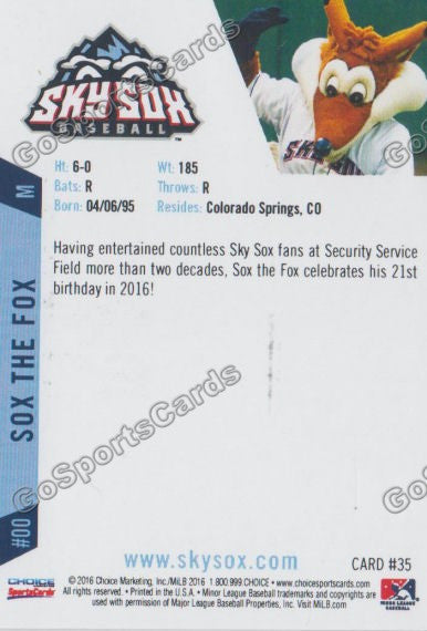 2016 Colorado Springs Sky Sox the Fox Mascot Back of Card
