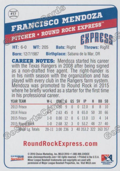 2016 Round Rock Express Francisco Mendoza Back of Card