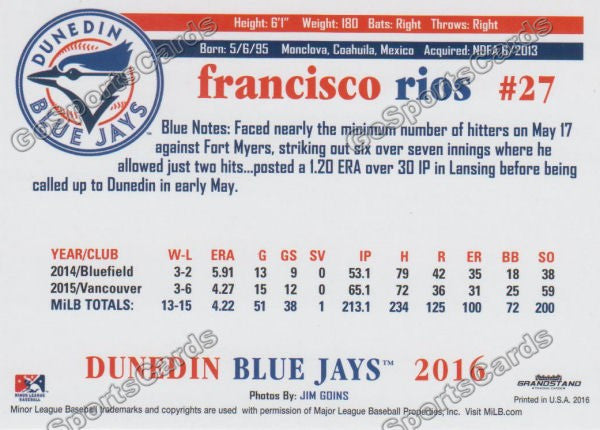 2016 Dunedin Blue Jays Francisco Rios  Back of Card