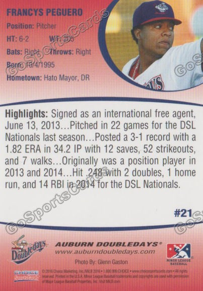 2016 Auburn Doubledays Francys Peguero Back of Card