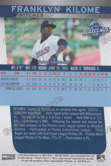 2016 Lakewood BlueClaws Franklyn Kilome Back of Card