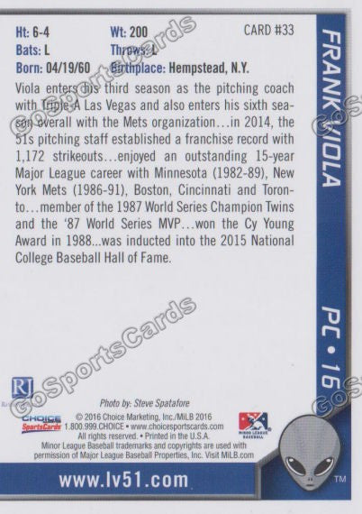 2016 Las Vegas 51s Frank Viola  Back of Card