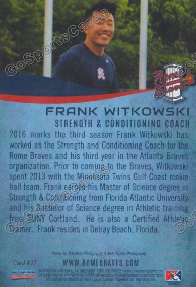 2016 Rome Braves Frank Witkowski Back of Card