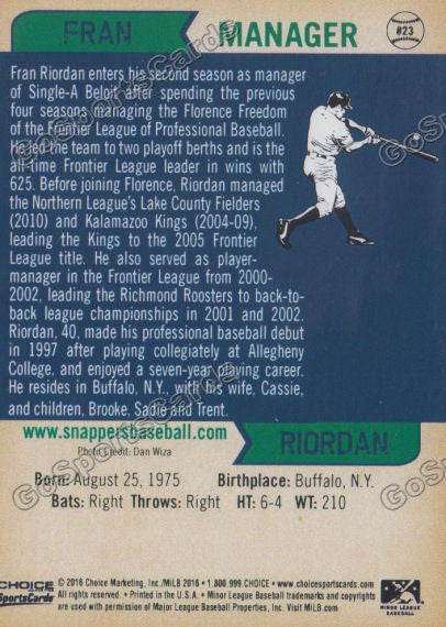 2016 Beloit Snappers Fran Riordan Back of Card