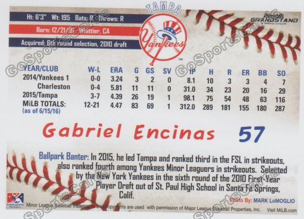 2016 Tampa Yankees Gabriel Encinas Back of Card