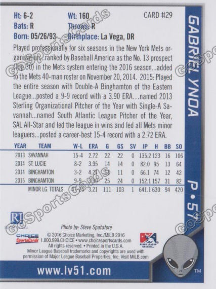 2016 Las Vegas 51s Gabriel Ynoa  Back of Card