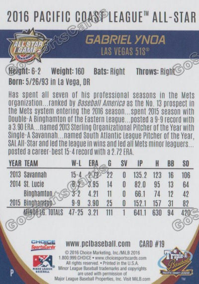 2016 Pacific Coast League All Star Gabriel Ynoa Back of Card
