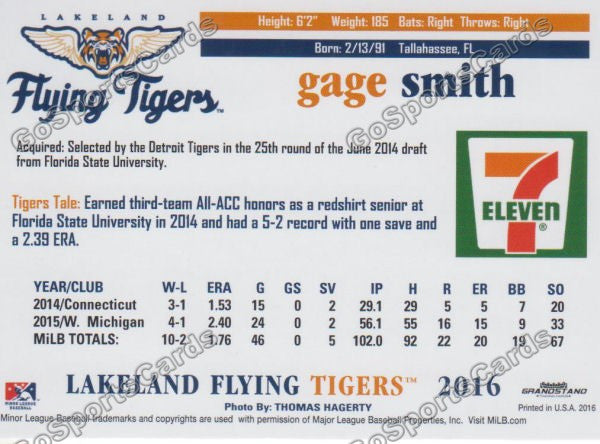 2016 Lakeland Flying Tigers Gage Smith Back of Card