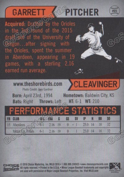 2016 Delmarva Shorebirds Garrett Cleavinger  Back of Card