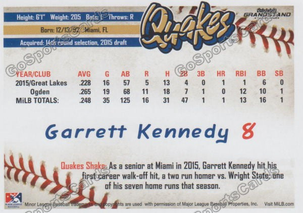 2016 Rancho Cucamonga Quakes Garrett Kennedy Back of Card