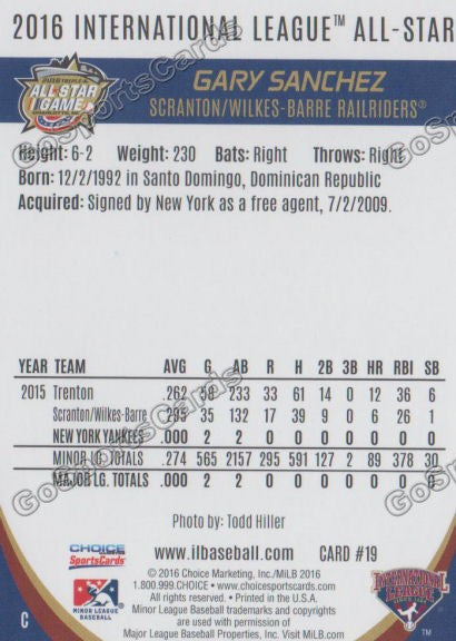 2016 International League All Star Gary Sanchez Back of Card