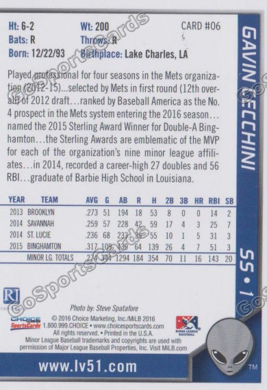 2016 Las Vegas 51s Gavin Cecchini  Back of Card