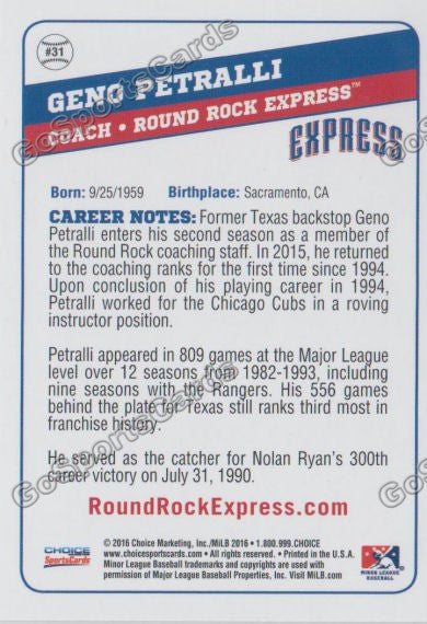 2016 Round Rock Express Geno Petralli Back of Card