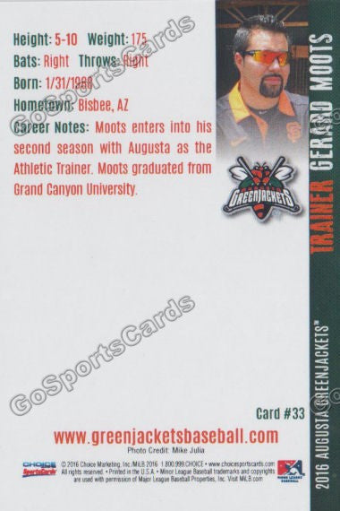 2016 Augusta Greenjackets Gerard Moots Back of Card