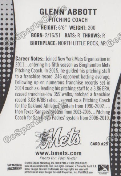 2016 Binghamton Mets Glenn Abbott Back of Card
